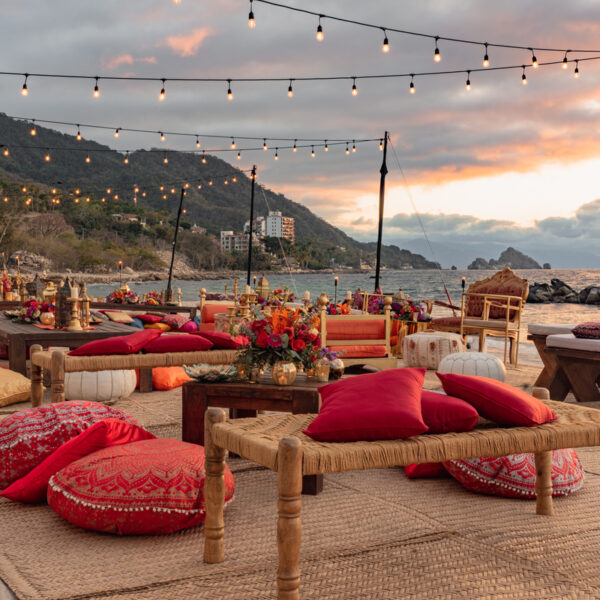 wedding red and pink decoration on the sand in puerto vallarta